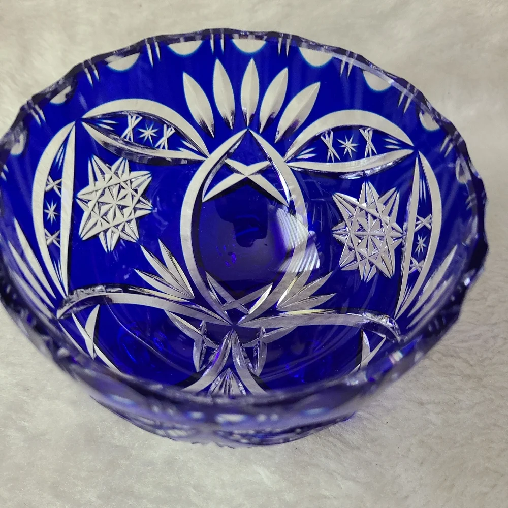 Cobalt Blue Cut To Clear Crystal Pedestal Bowl